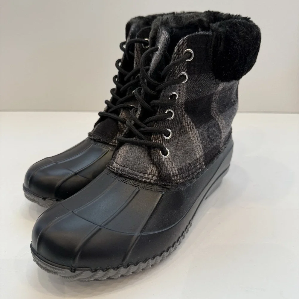 Duck Boots Womens Waterproof Winter Boots Quilted Snow Black Gray‎ Plaid Size 7
